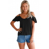 Black Crisscross Back Ruffle Cold Shoulder Top