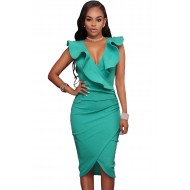 Turquoise Ruffle V Neck Bodycon Midi Dress