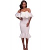 White Ruffle Off Shoulder Mermaid Midi Party Dress