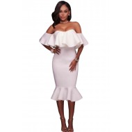 White Ruffle Off Shoulder Mermaid Midi Party Dress