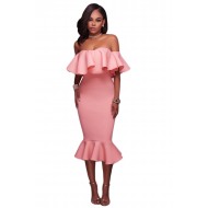 Pink Ruffle Off Shoulder Mermaid Midi Party Dress