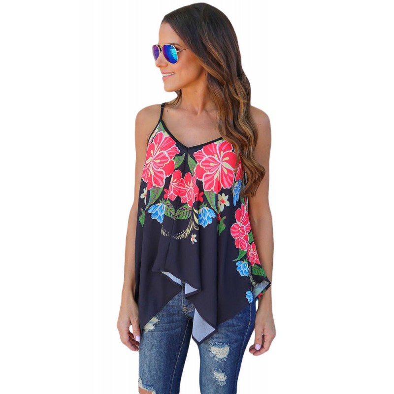 Navy Floral Print Summer Holiday Tank Top