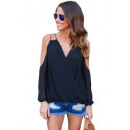 Black Cold Shoulder V Neck Wrap Front Breezy Blous...