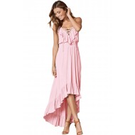 Light Pink Lace Up V Neck Ruffle Trim Hi-low Maxi ...