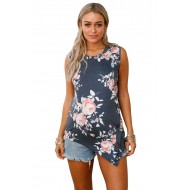 Black Floral Asymmetric Button Detail Tank Top