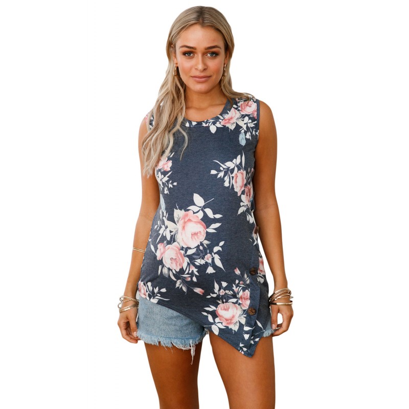 Black Floral Asymmetric Button Detail Tank Top Black Floral Asymmetric Button Detail Tank Top