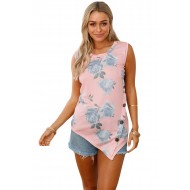 Pink Floral Asymmetric Button Detail Tank Top