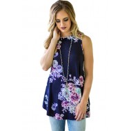 Navy Blue Floral Print High Neck Tank Top