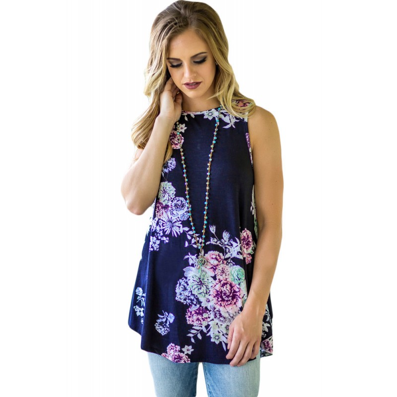 Navy Blue Floral Print High Neck Tank Top Navy Blue Floral Print High Neck Tank Top