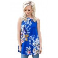 Royal Blue Floral Print High Neck Tank Top