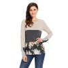 Grey Color Block Floral Patchwork Long Sleeve Blou...