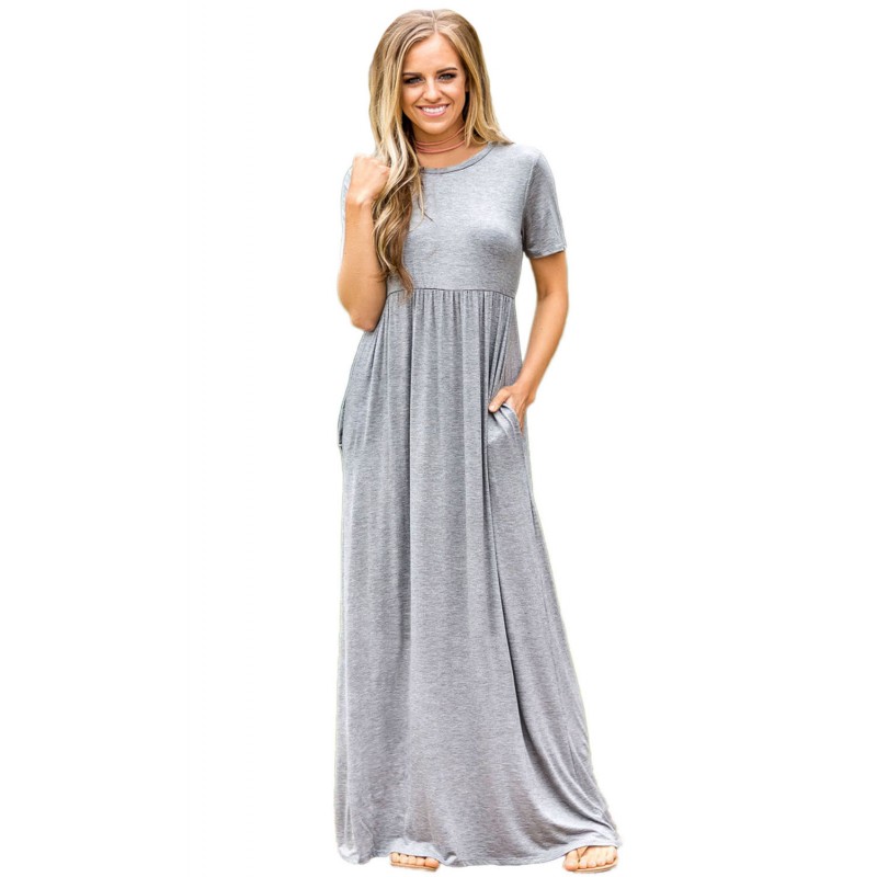 Gray Short Sleeve Ruched Waist Maxi Dress