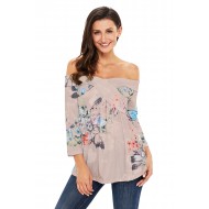 Gray Floral Off Shoulder Crisscross Top