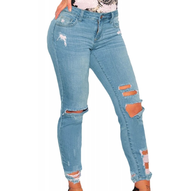 Light Blue Denim Destroyed Ankle Length Skinny Jeans