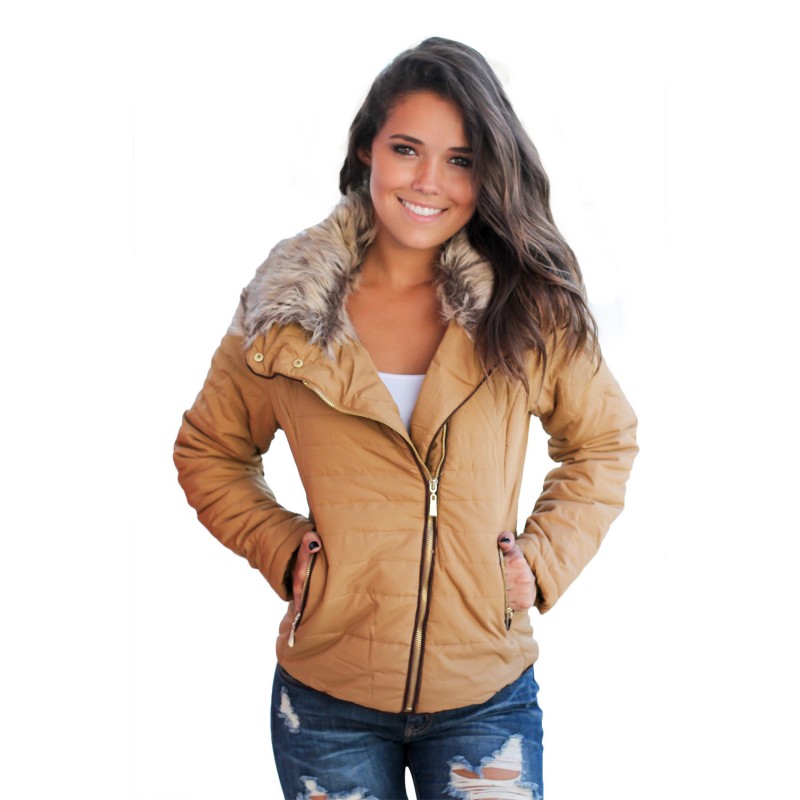 Camel Faux Fur Collar Trim Black Quilted Jacket