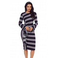 Black Grey Striped Ruffle Side Back Slit Long Slee...