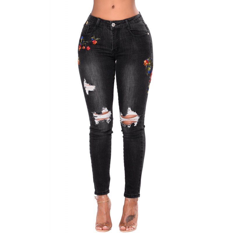 Black Mid Rise Distressed Rose Embroidery Jeans Black Mid Rise Distressed Rose Embroidery Jeans