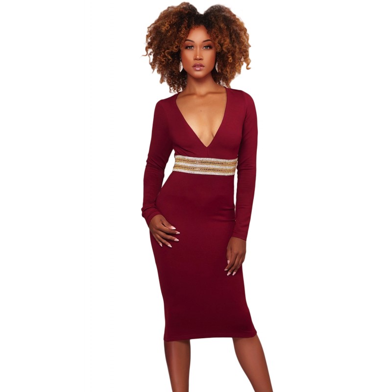 Burgundy Rhinestone Embellishment Bodycon Midi Dre...