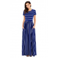 White Striped Navy Short Sleeve Maxi Dress