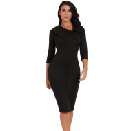 Black 3/4 Sleeve Button Detail Bodycon Midi Dress