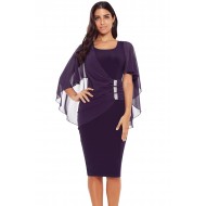 Purple Waist Pleats Rhinestone Detail Midi Dress