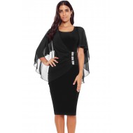 Black Waist Pleats Rhinestone Detail Midi Dress