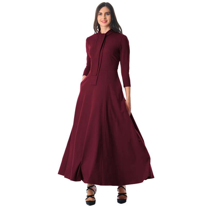 Burgundy Pocketed 3/4 Sleeves Tie Neck Maxi Dress