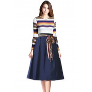 Navy Yellow Striped Poplin Sash Tie Midi Dress