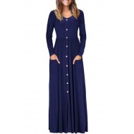 Navy Blue Button Front Pocket Style Casual Long Dr...