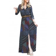 Navy Green Boho Print Belted Maxi Shirt Dress