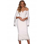 White Split Bell Sleeve Off Shoulder Midi Dress