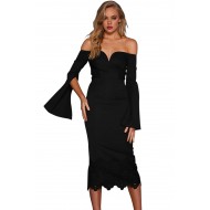 Black Split Bell Sleeve Off Shoulder Midi Dress